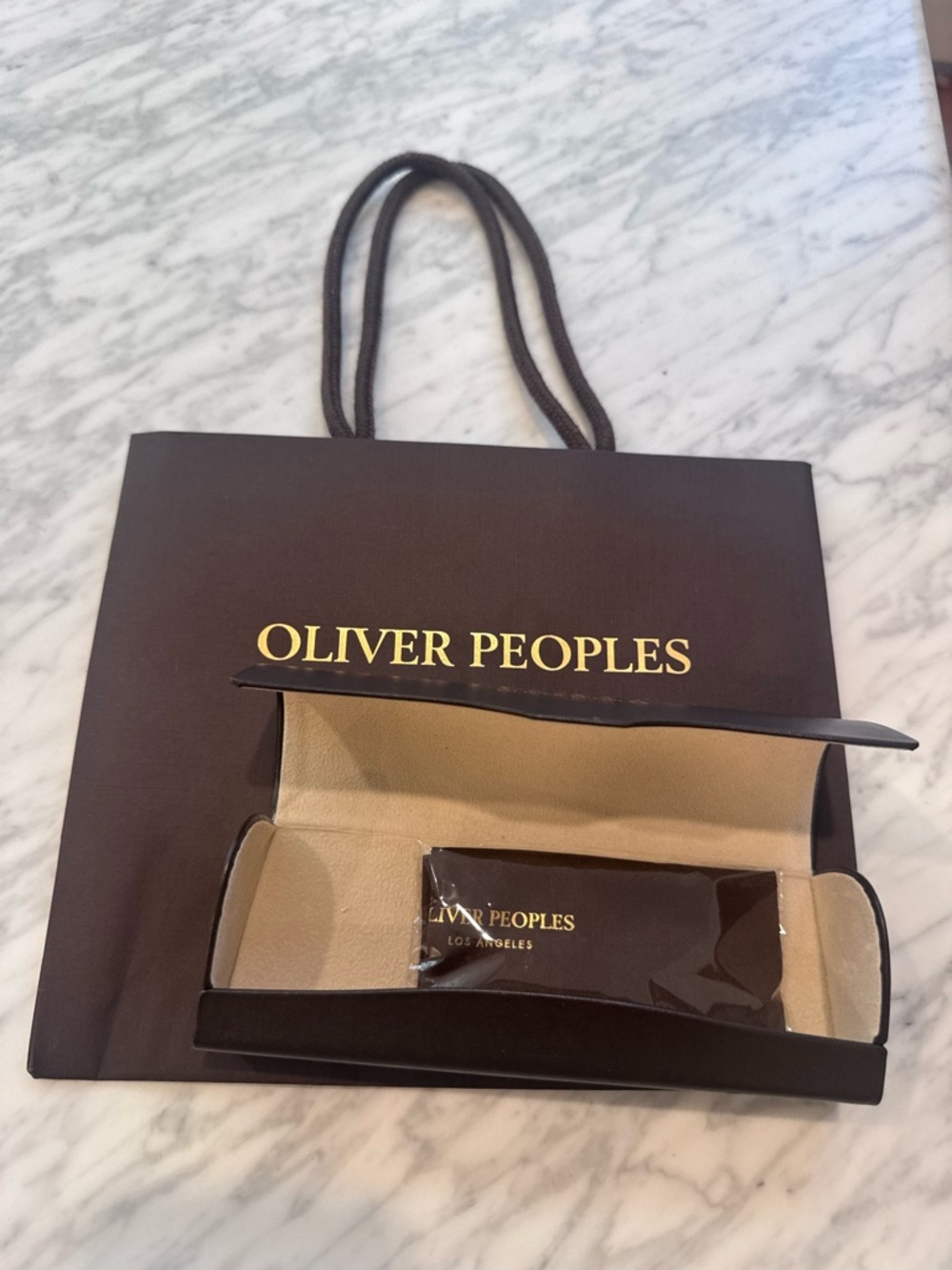 Oliver Peoples Eyeglass Case + Box + Dust Cloth Set Brown Gold Logo